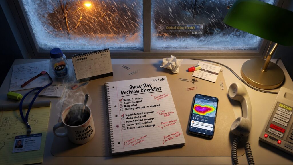 school administrator's desk at 430 AM