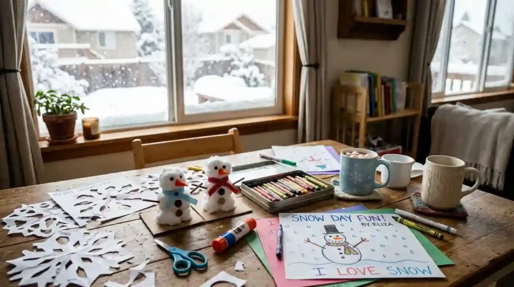 A kitchen table craft setup for kids