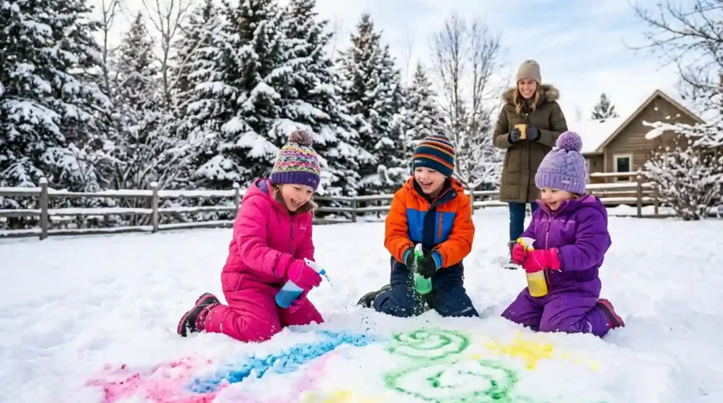 Children painting fresh white snow in a backyard