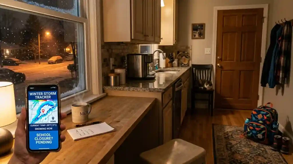 Parent Checking Snow Day Clues Overnight