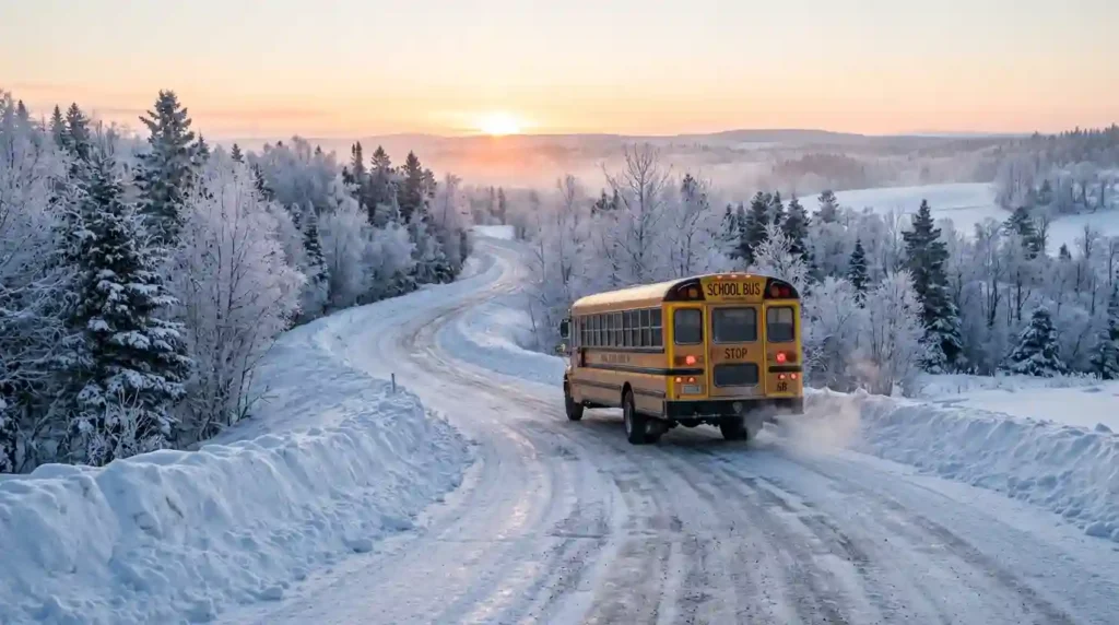 School Bus on Icy Rural Road