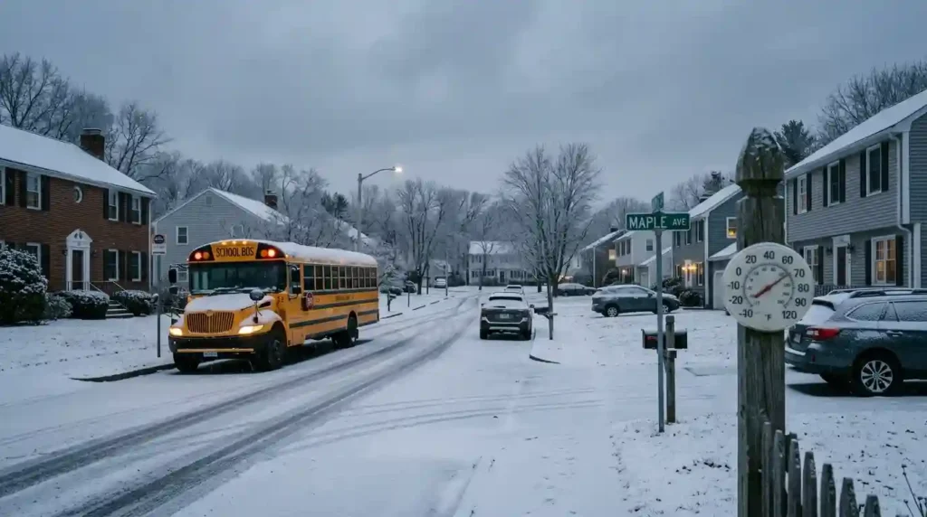 a quiet suburban street early in the morning