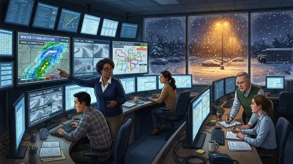a school district control room at 5 a.m.