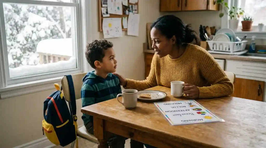 calm parent sitting at a kitchen table