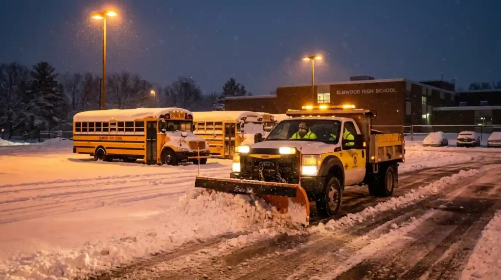 early morning scene at a school parking lot
